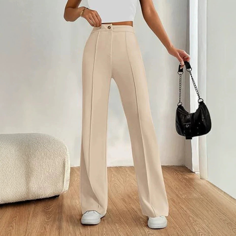 Womens Straight Flare Pants With High-Waisted Stitching Details 
