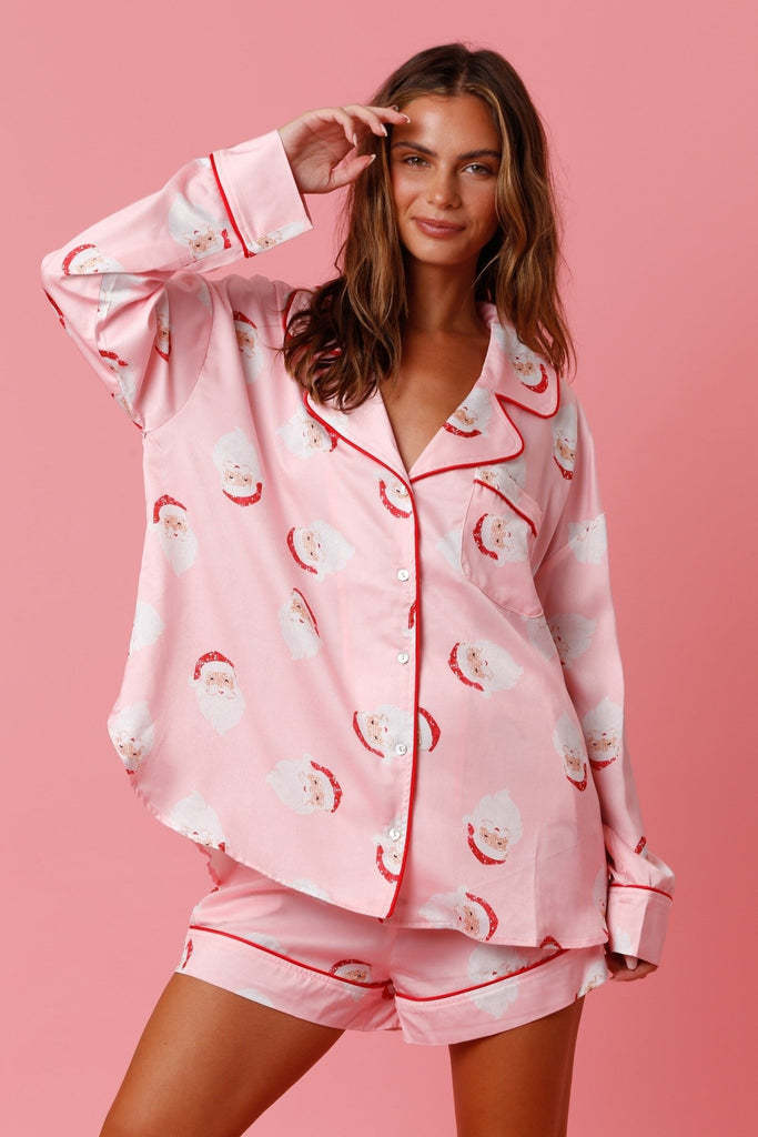 Women’s Satin Santa Claus Pajama Set | Christmas Print Two-Piece Loungewear CJ