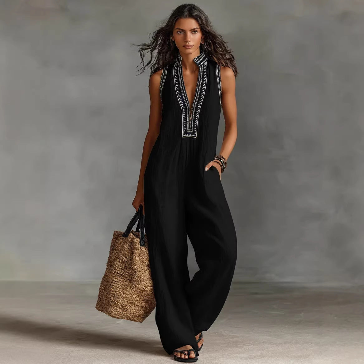 Women's Simple Linen-blend Sleeveless Jumpsuit 