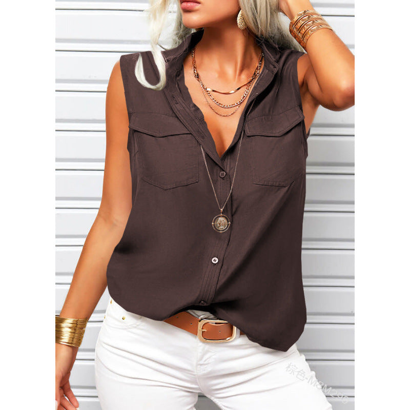 Solid-color Lapel-collar Loose-fit Sleeveless Top With Pockets 
