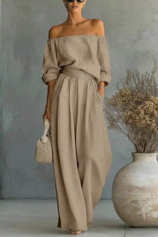 Casual Two-Piece Womens Outfit Off-Shoulder Top And Wide-Leg Pants Set 