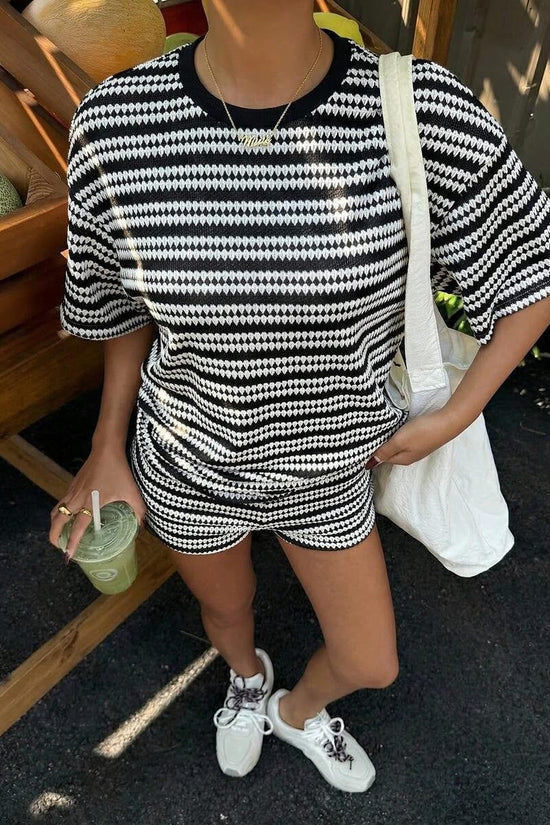 Womens Crew-Neck Spliced Short-Sleeve Shorts Set 