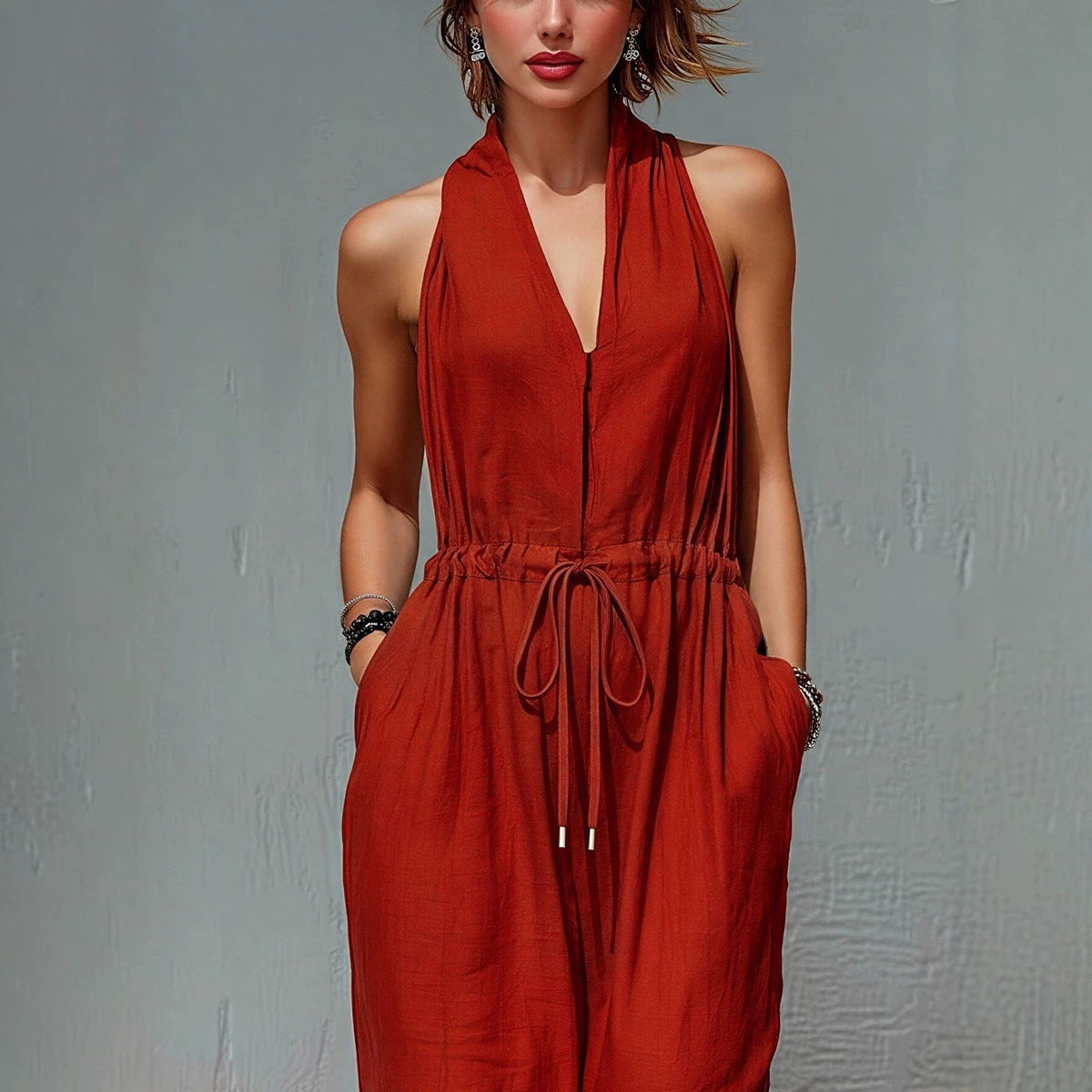 Womens Sleeveless Solid-Color Long Holiday Jumpsuit 