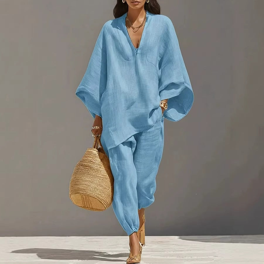 Casual Relaxed Loose-Fitting Solid-Color Shirt Set 