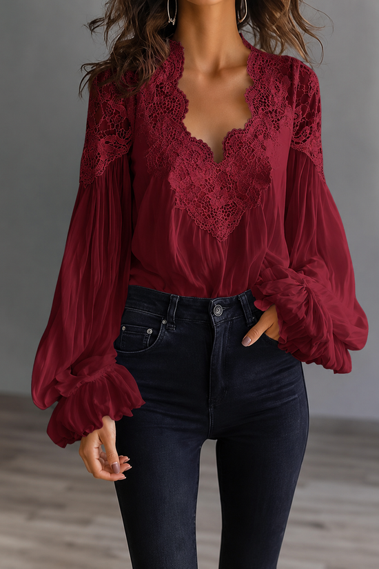 Lace-Panel Puff Sleeve Pleated Ruffle Shirt | Ballet Style 