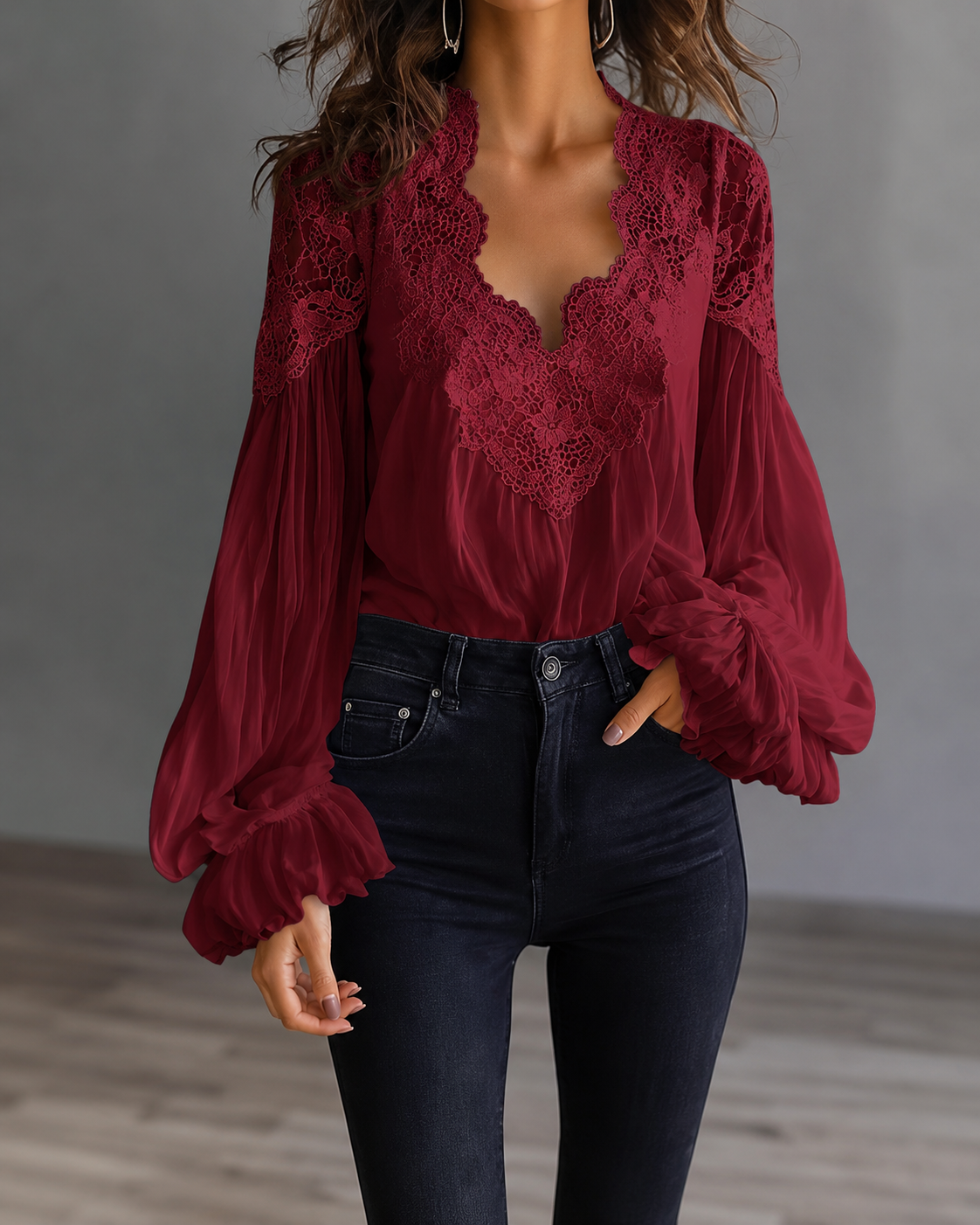 Lace-Panel Puff Sleeve Pleated Ruffle Shirt | Ballet Style 