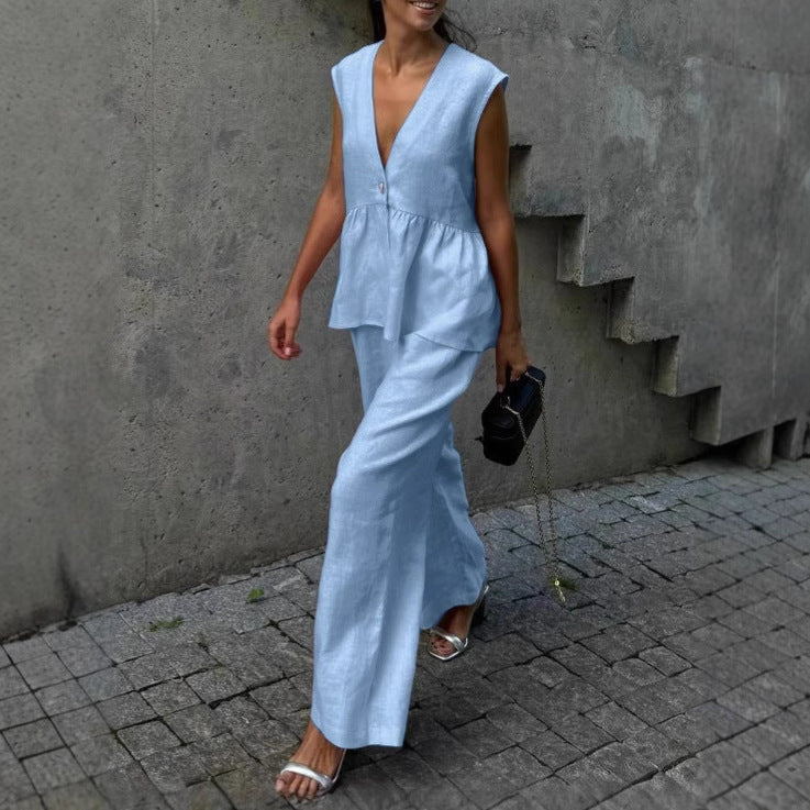 Womens Cotton V-Neck Sleeveless Vest And Wide-Leg Pants Set 