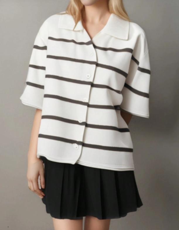 Women’s Knit Button Cardigan with Striped Short Sleeves CJ US