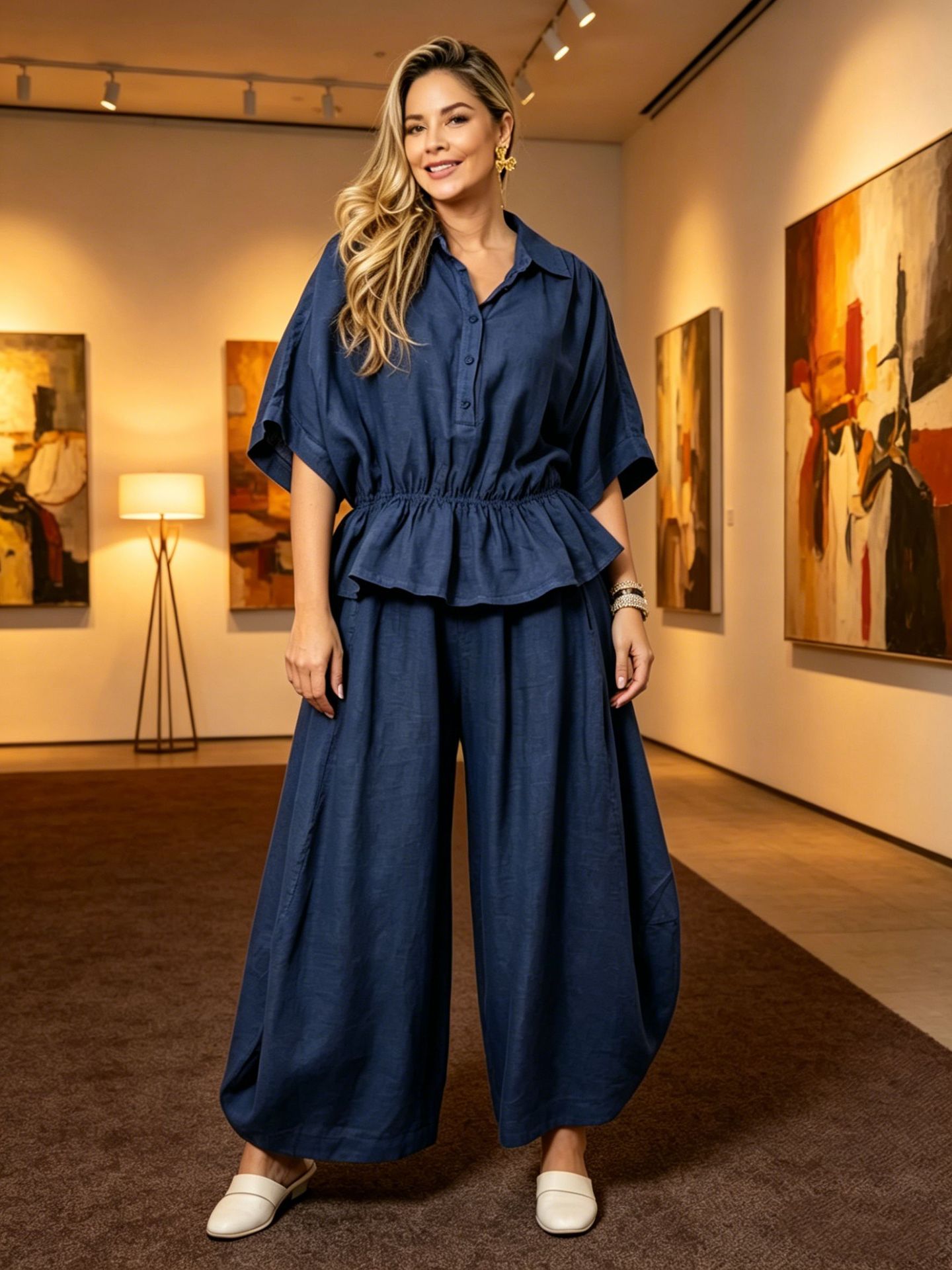 Plus-size Womens Loose Casual Belted Shirt And Wide-leg Pants Set 