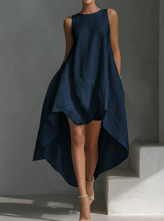 Sleeveless High-Low Irregular Hem Linen Blend Dress 