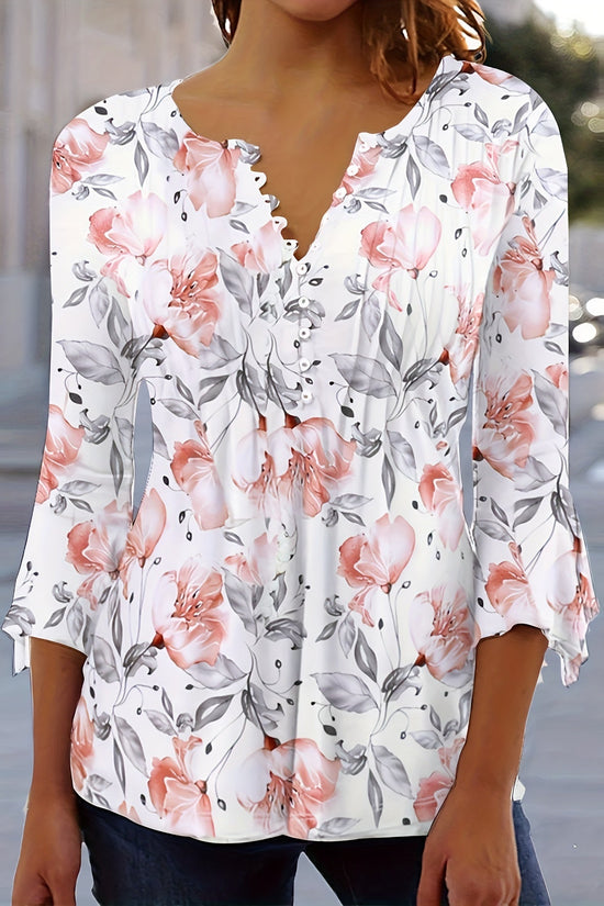 Women’s Printed Spike Button Three-Quarter Sleeve Casual Top CJ US