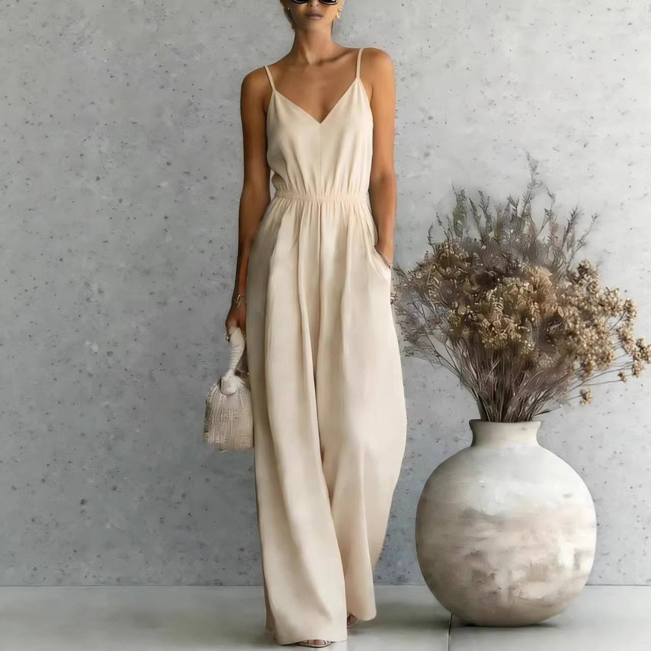 Summer Women's Slip-dress Casual Wide-leg Jumpsuit 