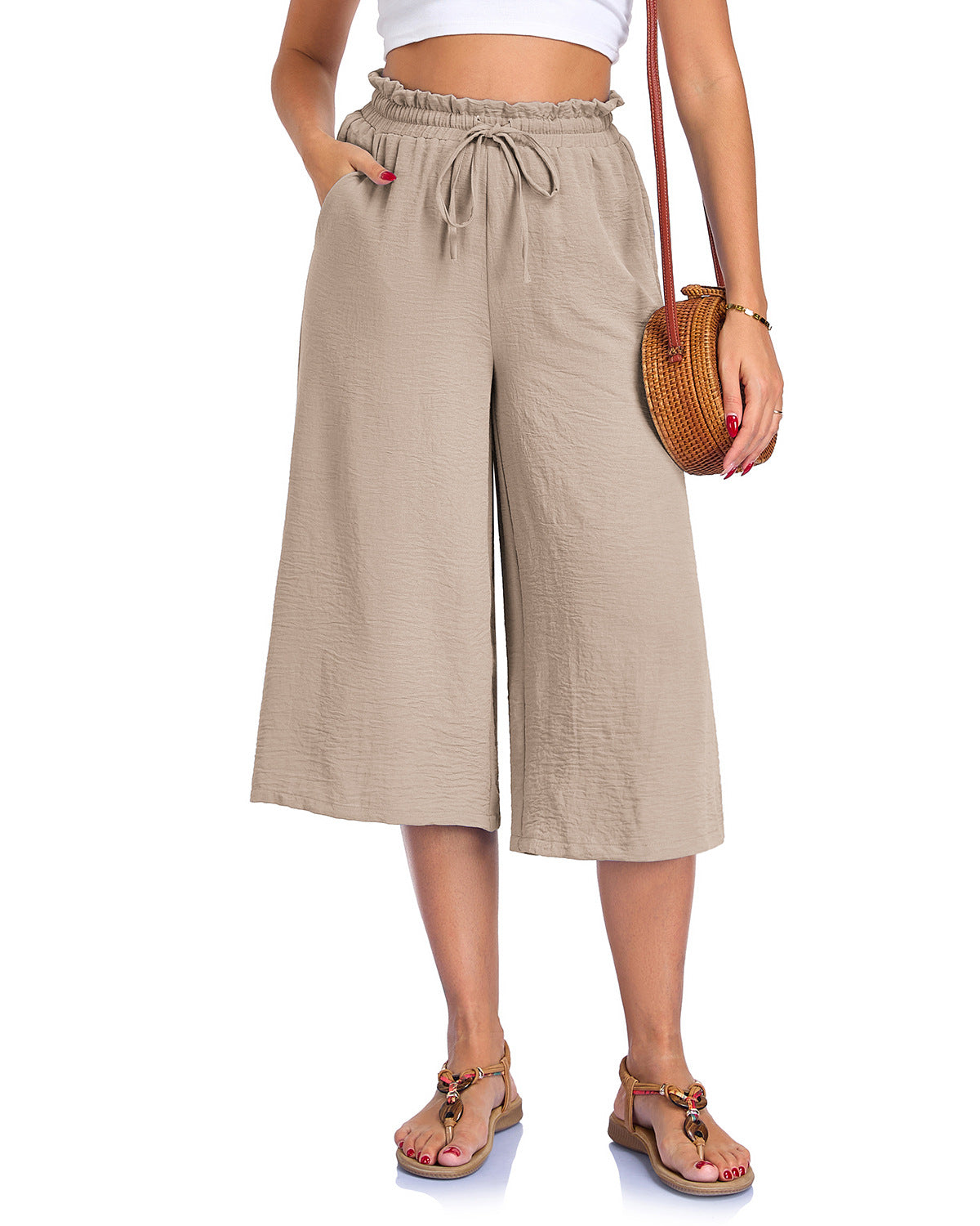 Women's Solid Color All-Match Elastic Cropped Pants Loose Wide-Leg Trousers 
