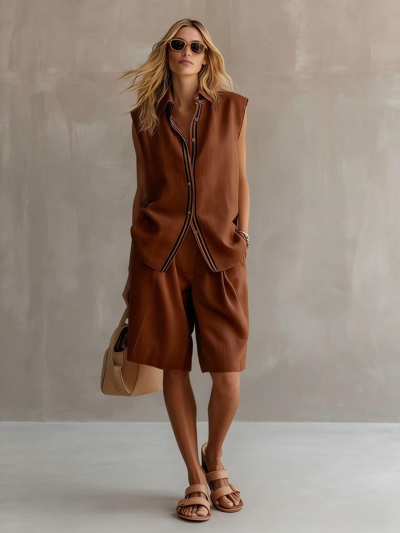 Single-breasted Sleeveless Linen Shirt And Shorts Set 