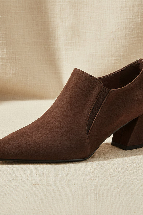 Suede-textured Deep-toe Pointed-toe Chunky-heel Shoes 