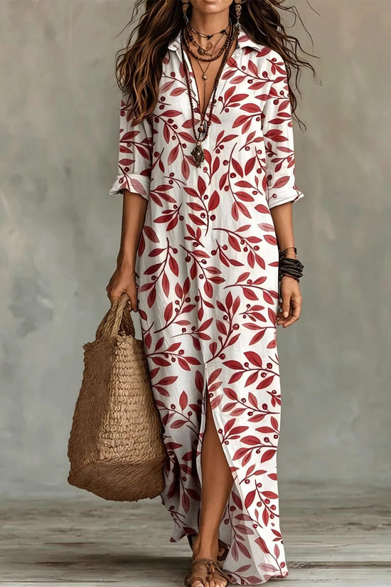 Casual Lapel-Neck Long Digital-Print Womens Shirt Dress 