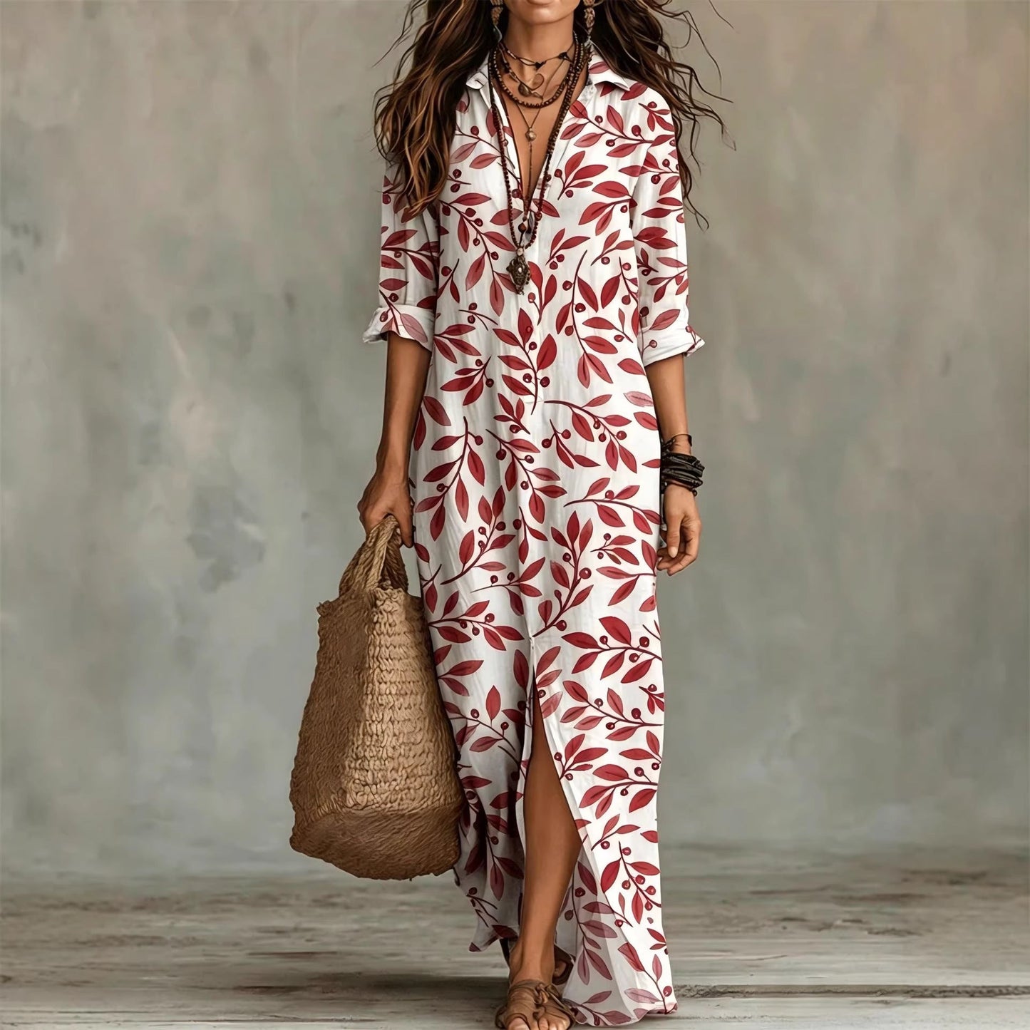 Casual Lapel-Neck Long Digital-Print Womens Shirt Dress 