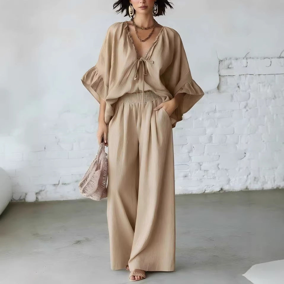 Loose-fit Cotton-linen V-neck Wide-leg Pants Two-piece Set 