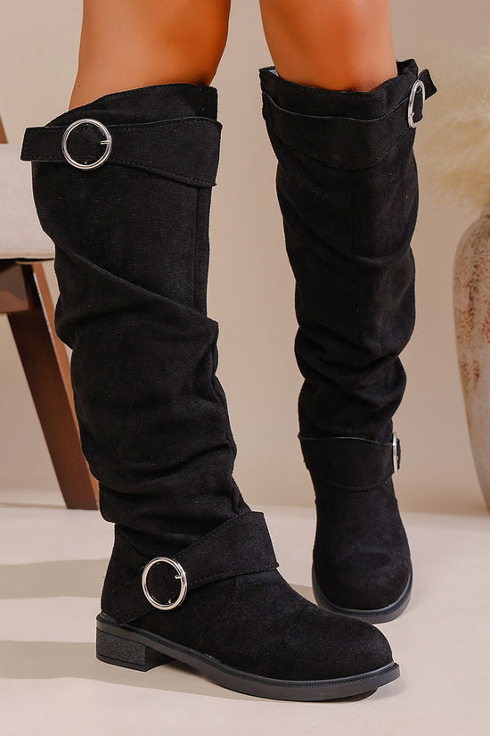Pleated Flat-bottom Western Cowboy Boots For Women With Belt Buckle 