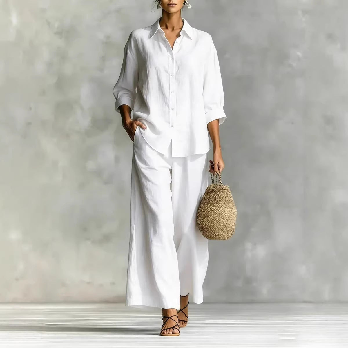 Women's Cotton And Linen Wide-leg Pants Suit 