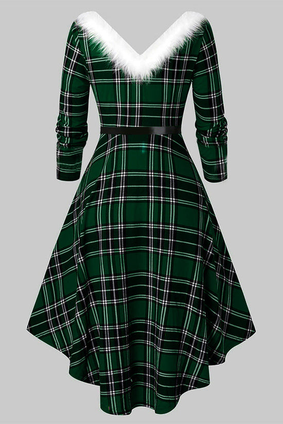 Christmas Women's Fur Patchwork V-neck Long Sleeved Dress CJ