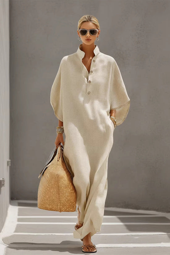 Womens Stand Collar Button-Down Loose Straight Long Dress 