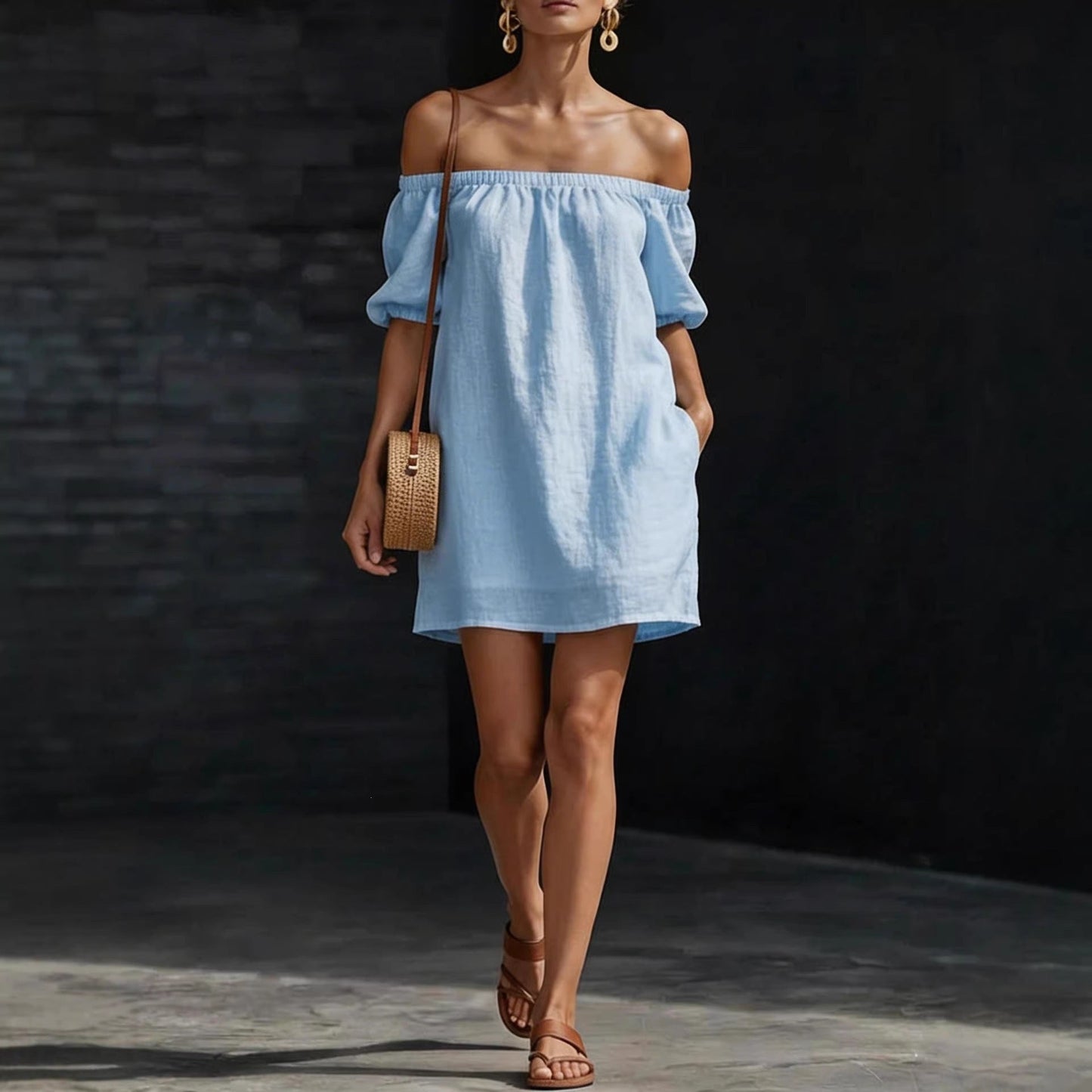 Cotton-linen Womens Off-shoulder Fashionable Loose-fitting Dress 