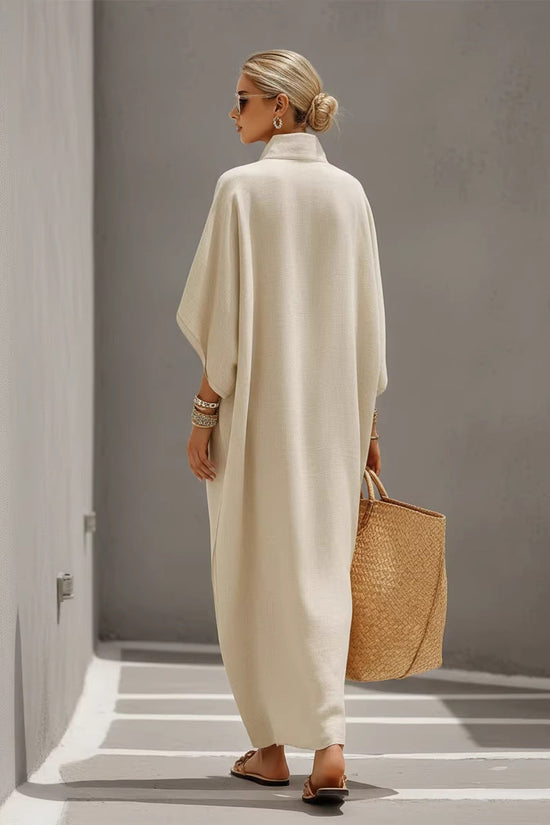Womens Stand Collar Button-Down Loose Straight Long Dress 