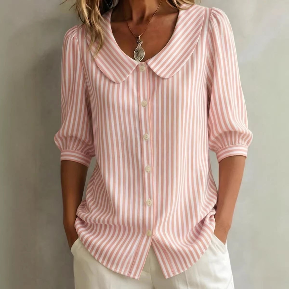 Mid-sleeve Striped V-neck Shirt Top T-shirt Womens Clothing 