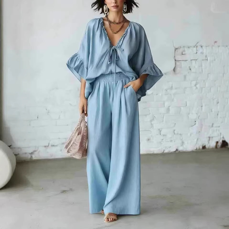 Loose-fit Cotton-linen V-neck Wide-leg Pants Two-piece Set 
