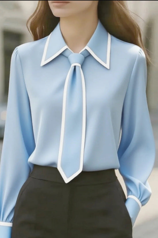 Autumn Fashion Solid Color Commute Tie Design Long Sleeve Shirt Women's Clothing 