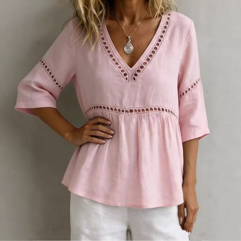 Solid-color V-neck Hollow-out Casual Fringed Top 