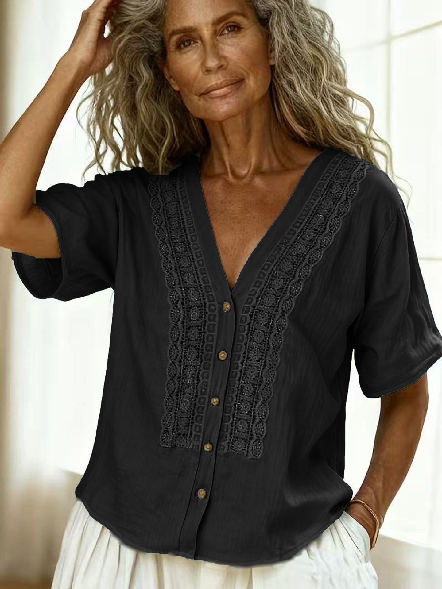Loose-fit Faux Linen Embroidered Button-up Top 