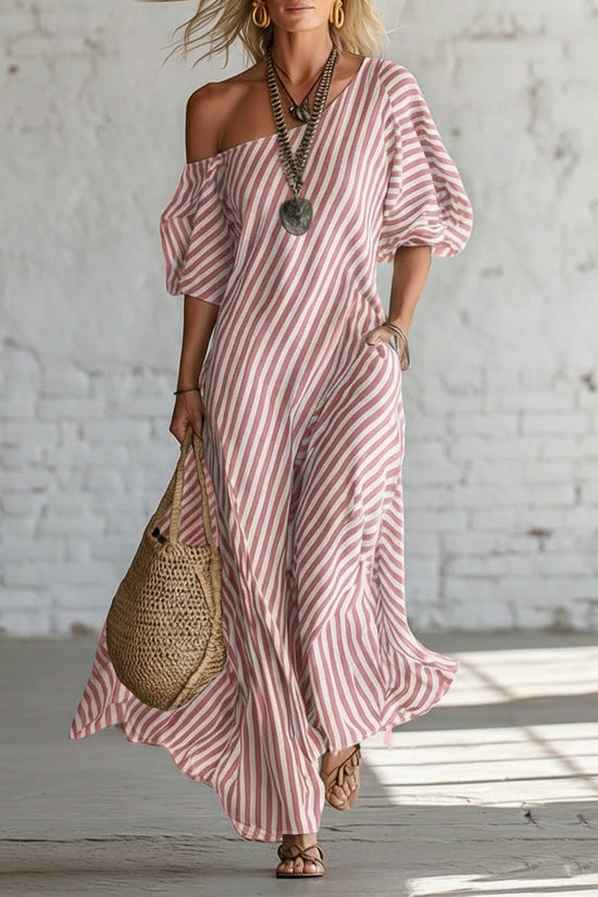 Womens Striped Off-shoulder Dress 