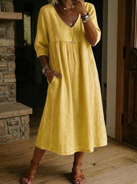 Casual Loose V-Neck Lace Trim Linen Cotton Dress 