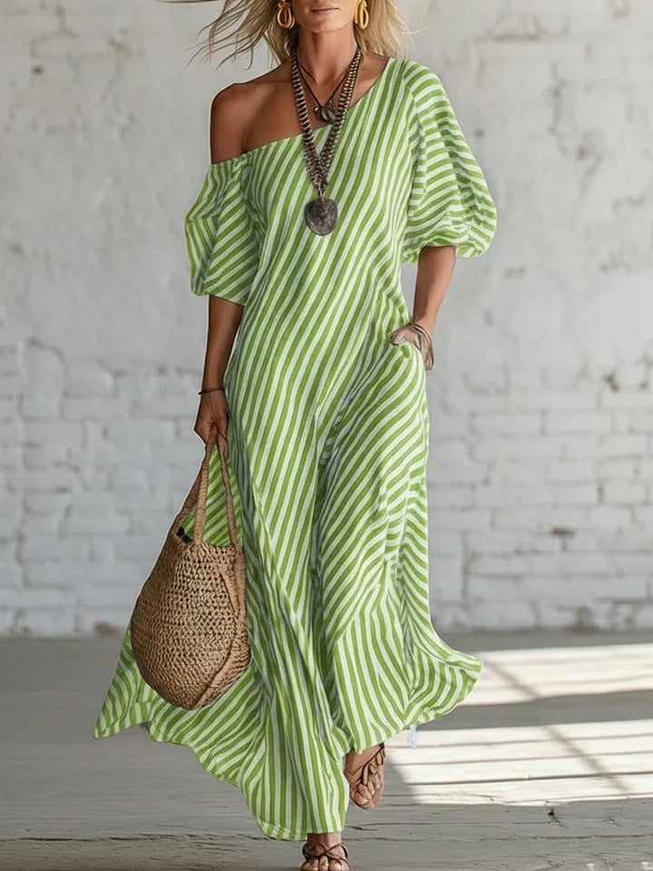 Womens Striped Off-shoulder Dress 