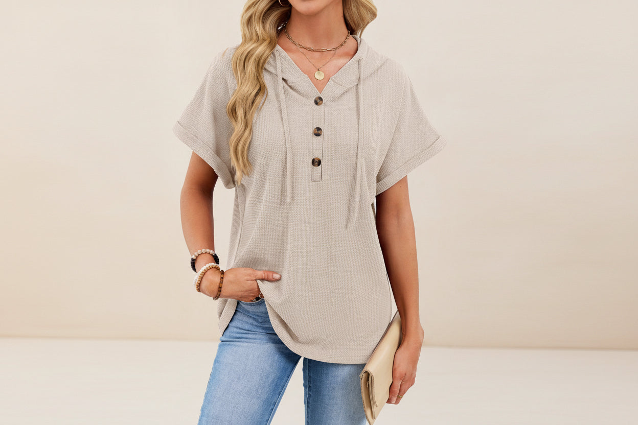 Womens Waffle-Weave Hooded Drawstring Short-Sleeve Top With Buttons 
