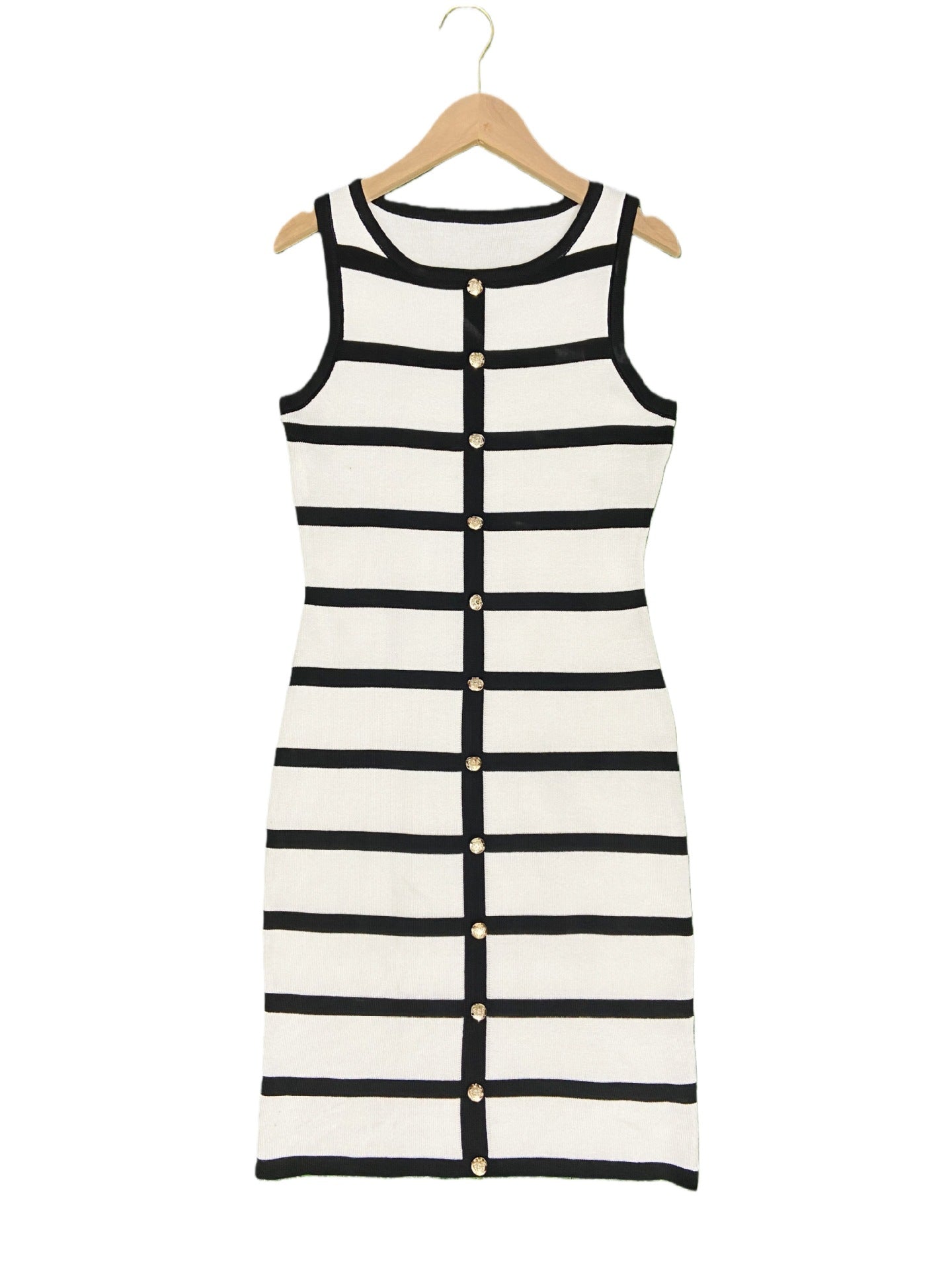 Contrast-color Striped Sleeveless Crew-neck Single-breasted Dress 