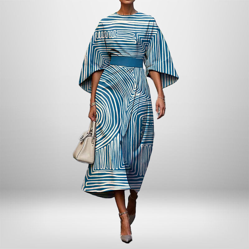 Women's Elegant Fashion Print Round Neck Long Dress 