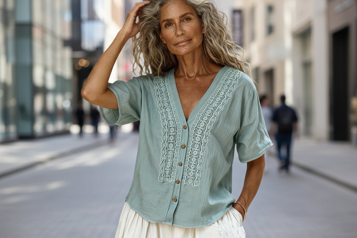 Loose-fit Faux Linen Embroidered Button-up Top 