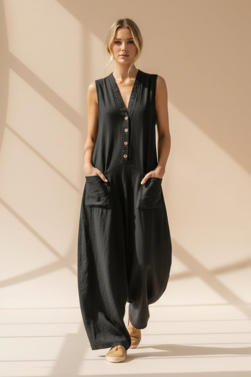 Womens Casual Linen-Cotton Sleeveless Jumpsuit With Two Pocket Straps 