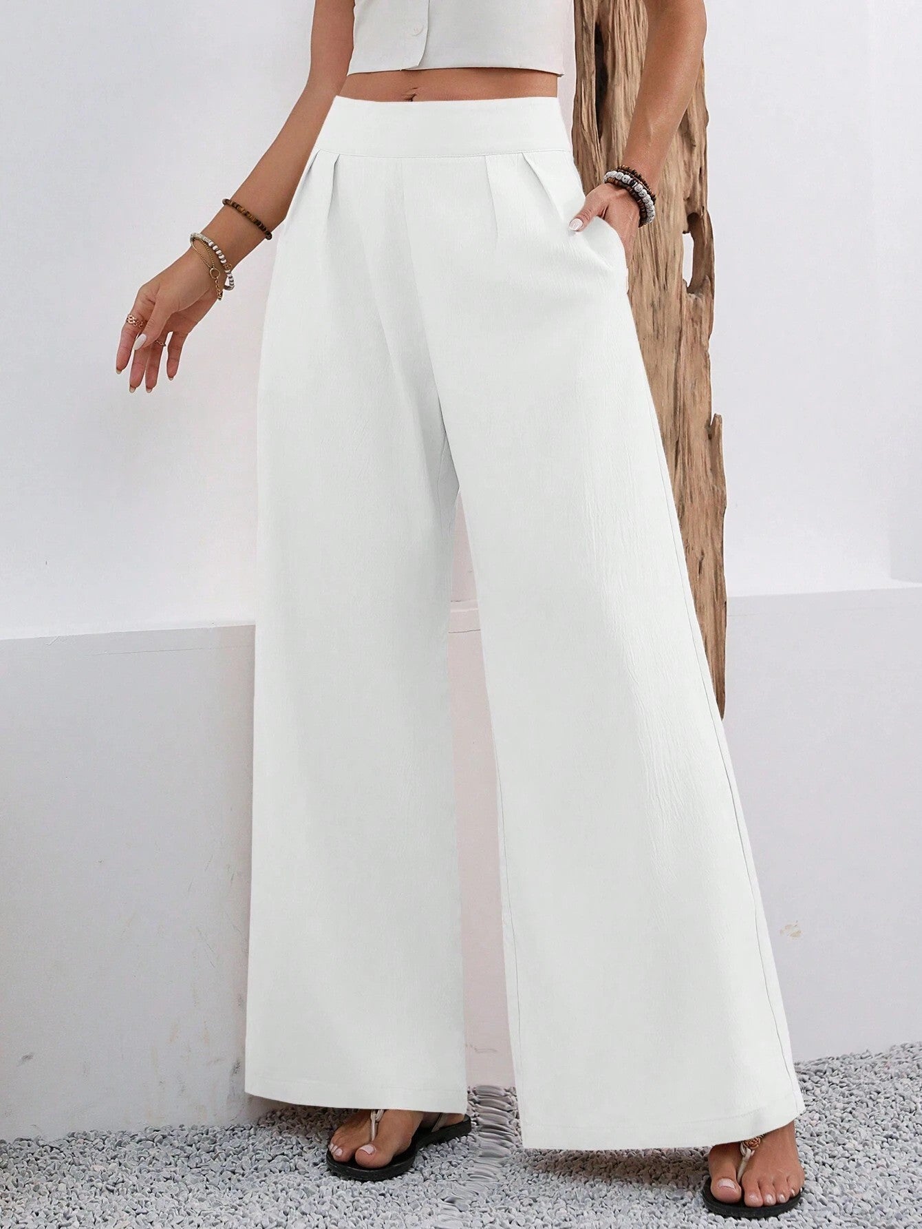Pocketed High-waisted Fashionable Versatile Wide-leg Trousers Long Pants 