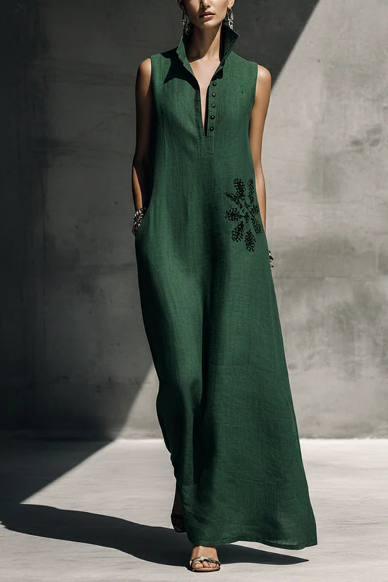 Heat-transfer Graphic Pocket Casual Mandarin-collar Cotton-linen Dress 
