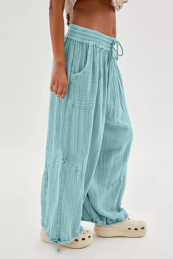 Fashionable Solid-Colored Wide-Leg Pants With Ties And Pockets Long Pants 