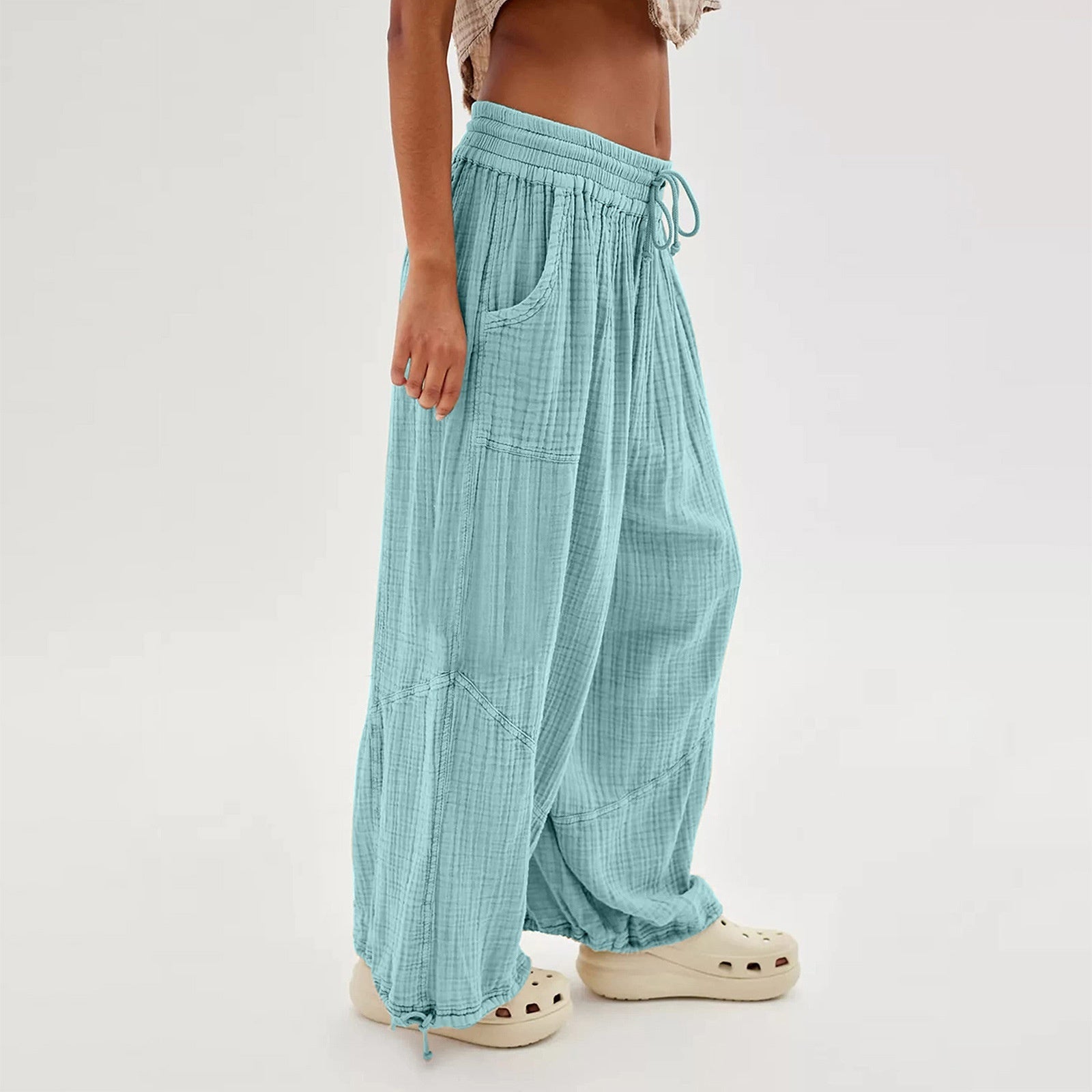 Fashionable Solid-Colored Wide-Leg Pants With Ties And Pockets Long Pants 