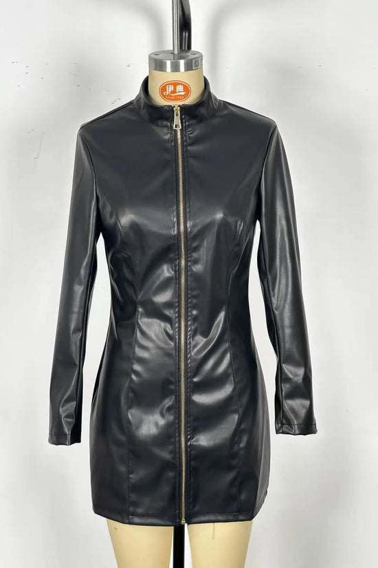 Women's Leather-Look Zip-Front Stand-Collar Mini Dress 