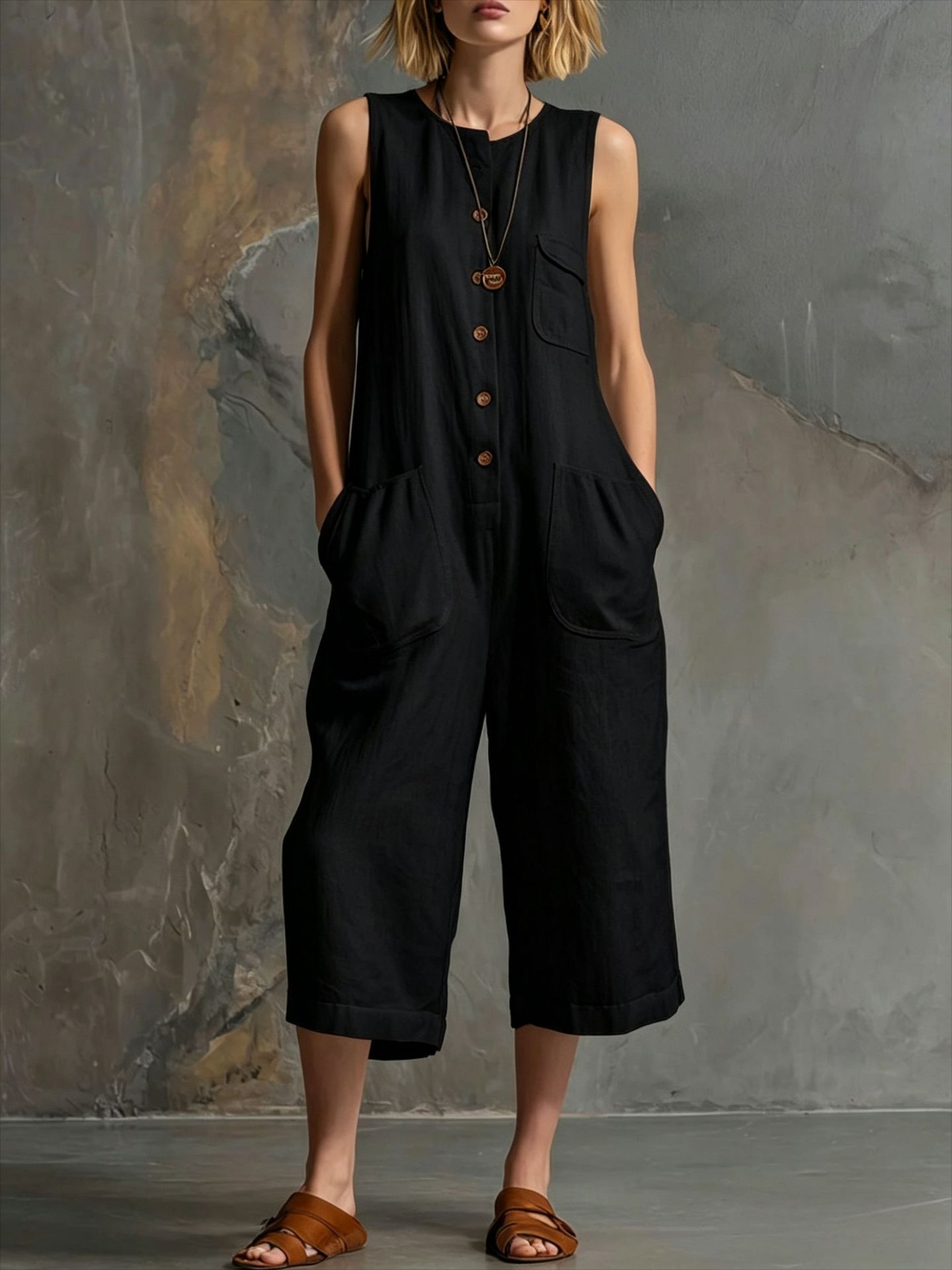 Retro Sleeveless Cotton-Linen Wide-Leg Cropped Jumpsuit 