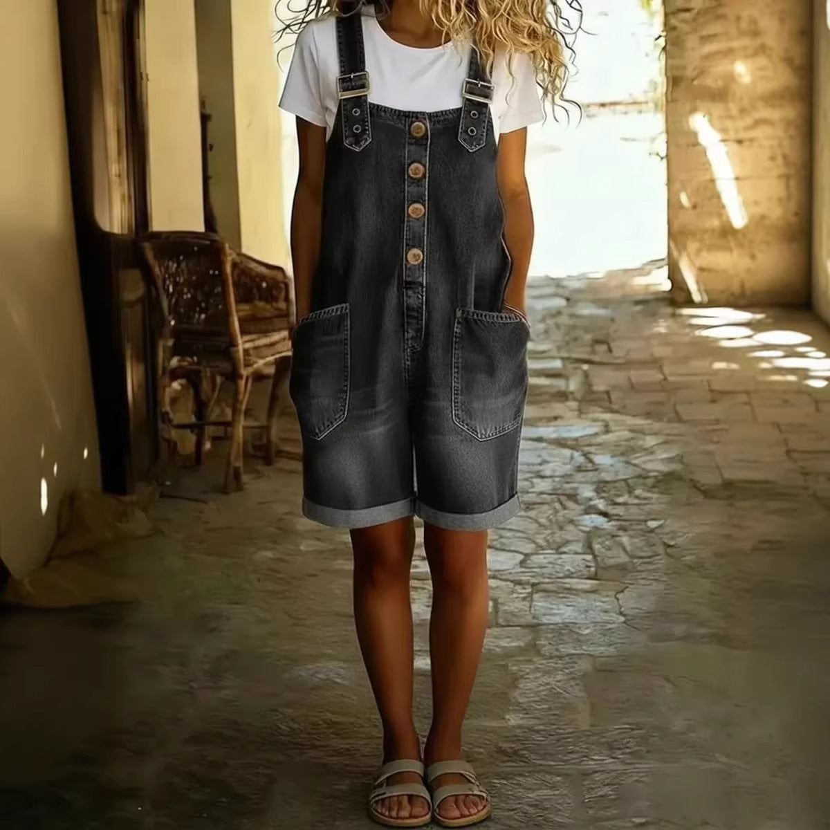 Loose Slimming High-waisted Denim Shorts Jumpsuit 