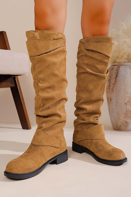 Pleated Flat-bottom Western Cowboy Boots For Women With Belt Buckle 