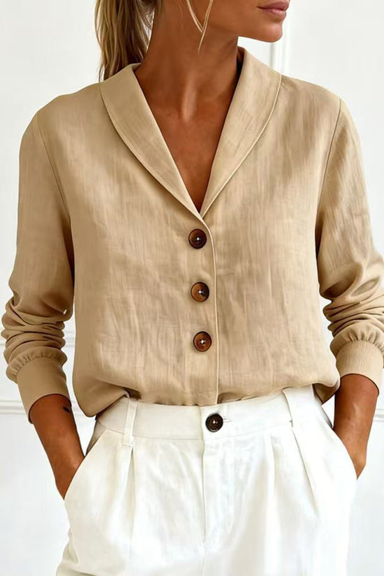 Fashionable Cotton-Linen Long-Sleeve Peter Pan Collar Button-Up Shirt 